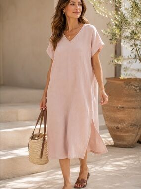 Jenni Kayne Cypress Cotton Gauze Caftan Dress XS Blush Pink Coastal Minimalist